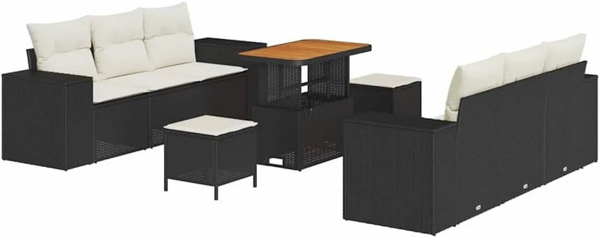 Ensemble de Salon Extérieur 9 Pièces Noir et Crème en Résine Tressée Moderne