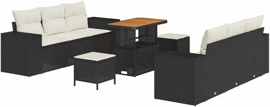 Ensemble de Salon Extérieur 9 Pièces Noir et Crème en Résine Tressée Moderne