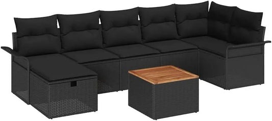 Ensemble de Canapé de Jardin en Rotin Synthétique Noir, 8 Pièces avec Coussin, Résistant aux UV, Confortable et Modulable pour Extérieur