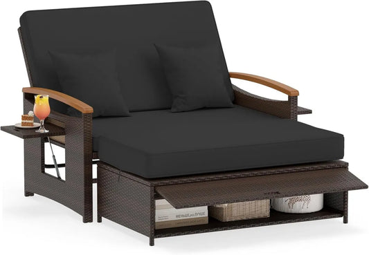 Ensemble de Jardin en Rotin avec Ottoman et Bains de Soleil Réglables - Charge 360KG, Tablette Latérale Rétractable, Coussins Multi-Positions (Noir)