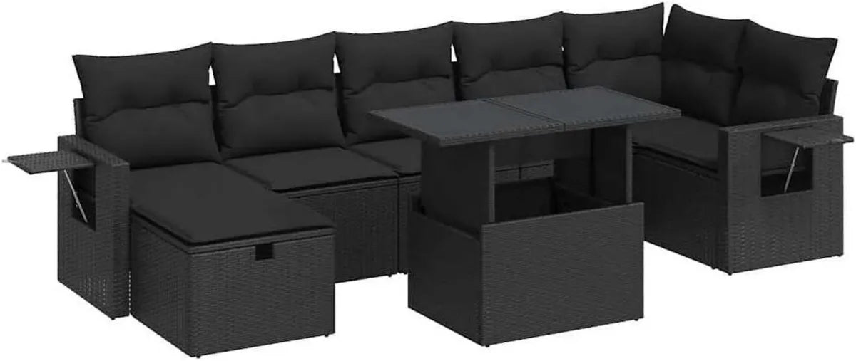 Ensemble de Mobilier de Jardin 8 pièces en Résine Tressée Noire avec Coussins