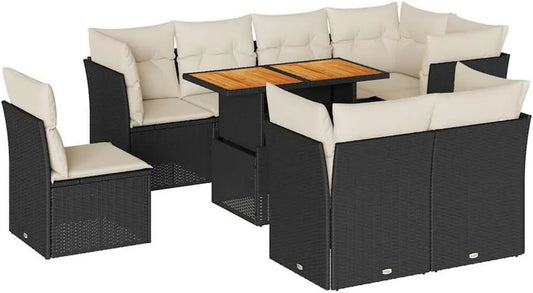 Ensemble de Canapés de Jardin 9 Pièces en Résine Tressée avec Coussins Noirs