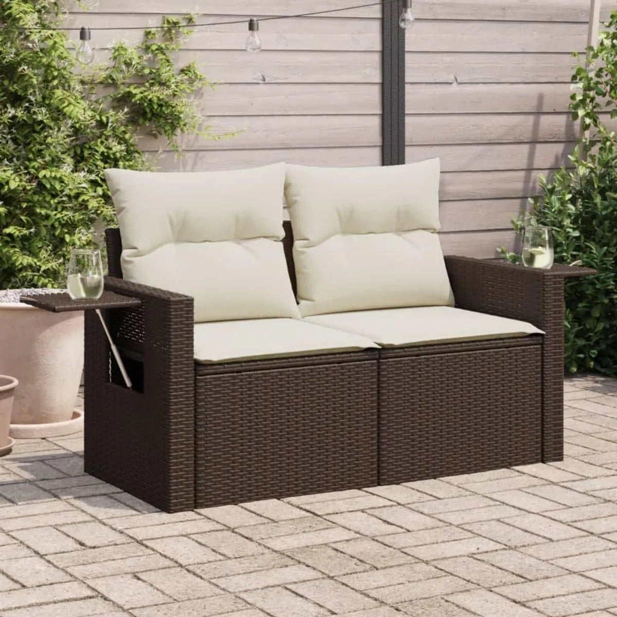 Canapé de Jardin 2 Places en Rotin Synthétique avec Coussins Marron - Mobilier d'Extérieur