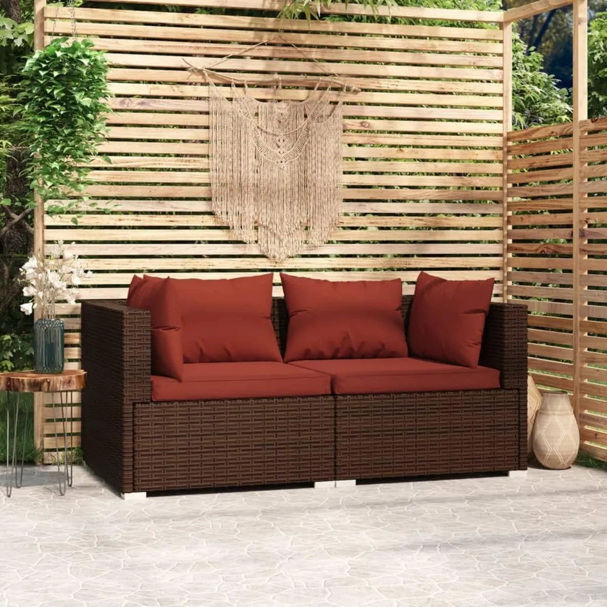 Canapé d'extérieur 2 places en rotin synthétique avec coussins, cadre acier, 140 x 70 x 60,5 cm, marron