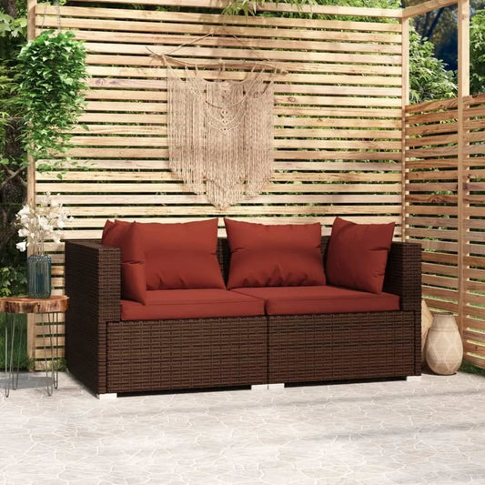 Canapé d'extérieur 2 places en rotin synthétique avec coussins, cadre acier, 140 x 70 x 60,5 cm, marron