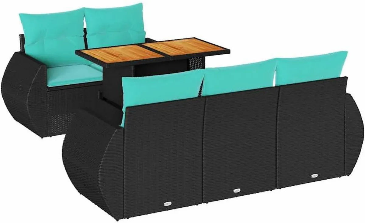 Ensemble de Salon de Jardin 6 Pièces en Résine Tressée Noire avec Coussins