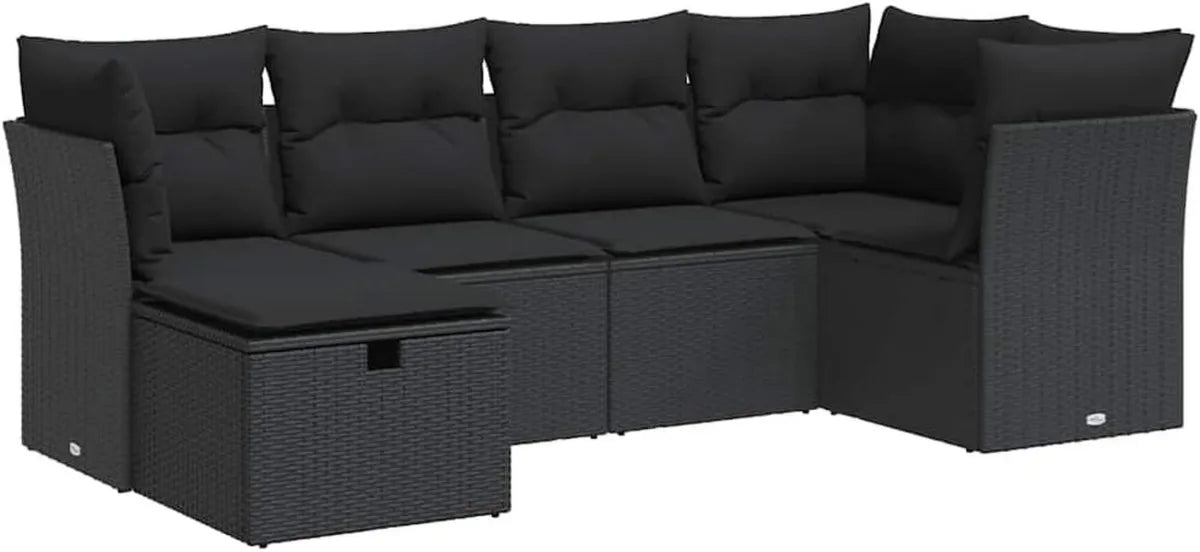 Ensemble de Salon de Jardin 6 Pièces en Résine Tressée Noire avec Coussins