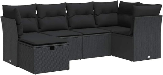 Ensemble de Salon de Jardin 6 Pièces en Résine Tressée Noire avec Coussins