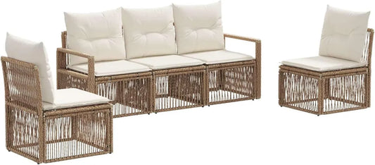 Set de Salon de Jardin 5 pièces en Polyrotin Beige avec Coussins Déhoussables, Résistant aux Intempéries pour Patio et Terrasse