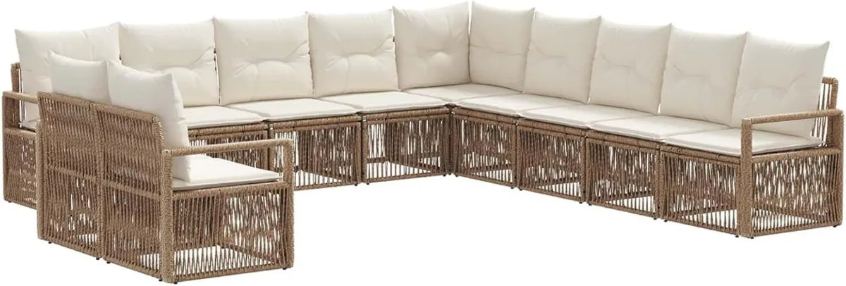 Ensemble de Salon de Jardin 11 Pièces Modulable en Résine Tressée Beige avec Coussins Amovibles pour Terrasse et Balcon