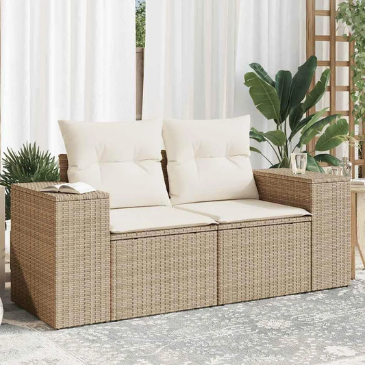 Sofa de Jardin 2 Places Beige en Résine Tressée avec Coussins Amovibles et Espace de Rangement Imperméable pour Mobilier Extérieur