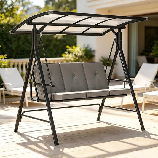 Canapé Balançoire Extérieur 3 Places Gris avec Auvent Réglable, Convertible en Lit, Structure Métallique Imperméable pour Terrasse