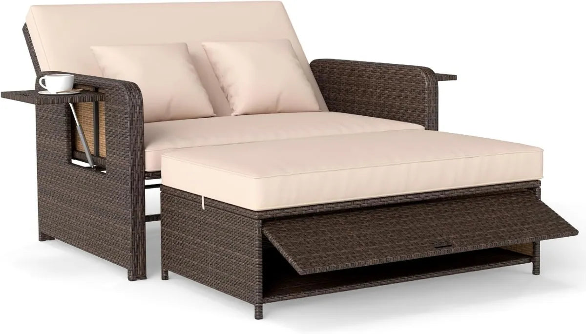 Ensemble de Jardin en Rotin avec Rangement et Chaises Longues Réglables, Capacité 360KG, Couleur Marron et Beige