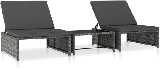 Ensemble de 2 Chaises Longues avec Table en Résine Tressée Gris pour Jardin et Terrasse