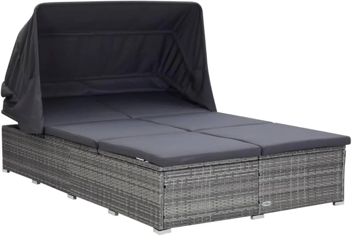 Lit de Jardin Inclinable 2 Places en Résine Tressée Grise avec Toit Pliable et Coussin, 194 x 120,5 x 110 cm, pour Balcon, Piscine et Patio