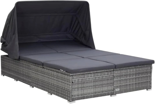Lit de Jardin Inclinable 2 Places en Résine Tressée Grise avec Toit Pliable et Coussin, 194 x 120,5 x 110 cm, pour Balcon, Piscine et Patio