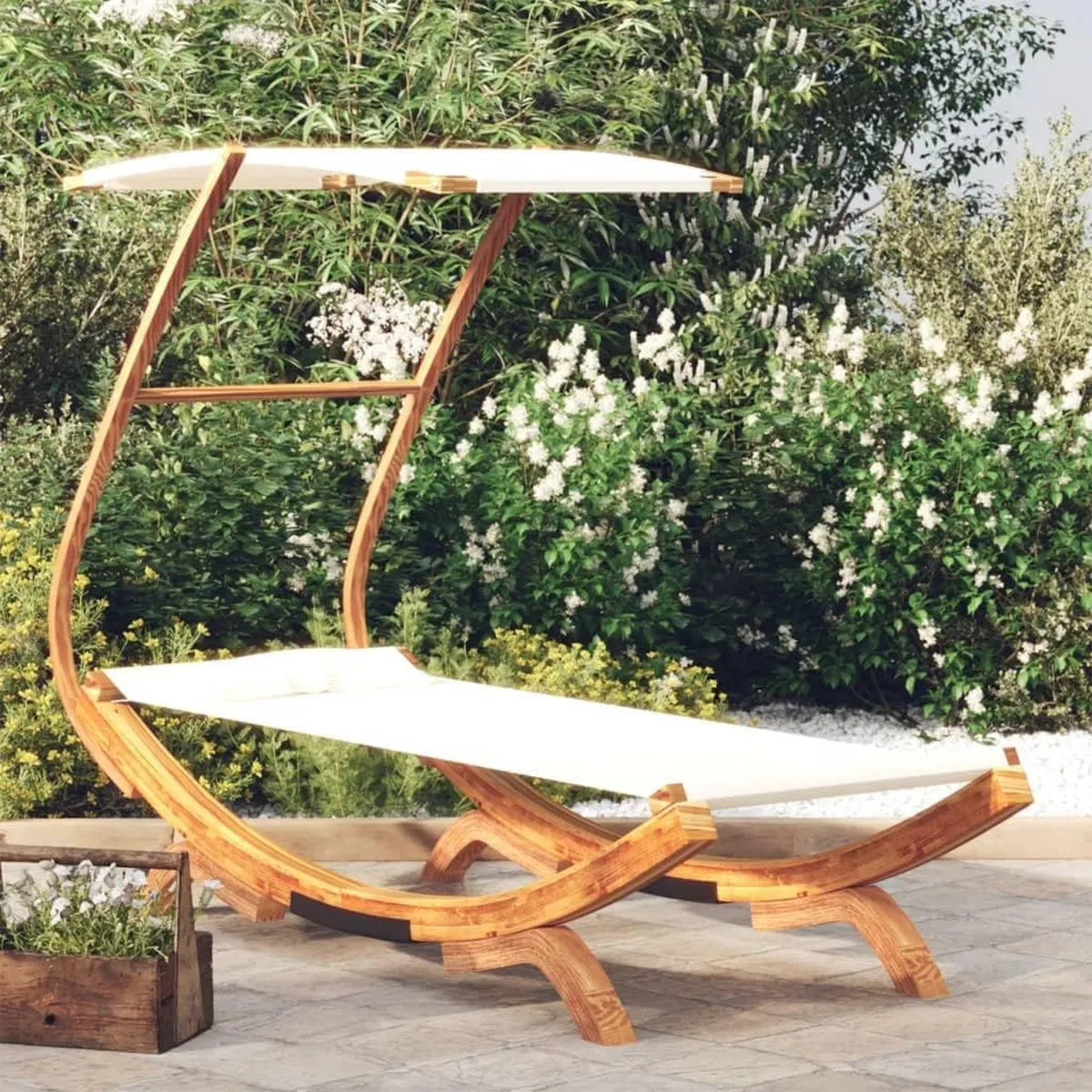 Transat en Bois Massif avec Auvent Crème 100x190x134 cm pour Jardin et Terrasse