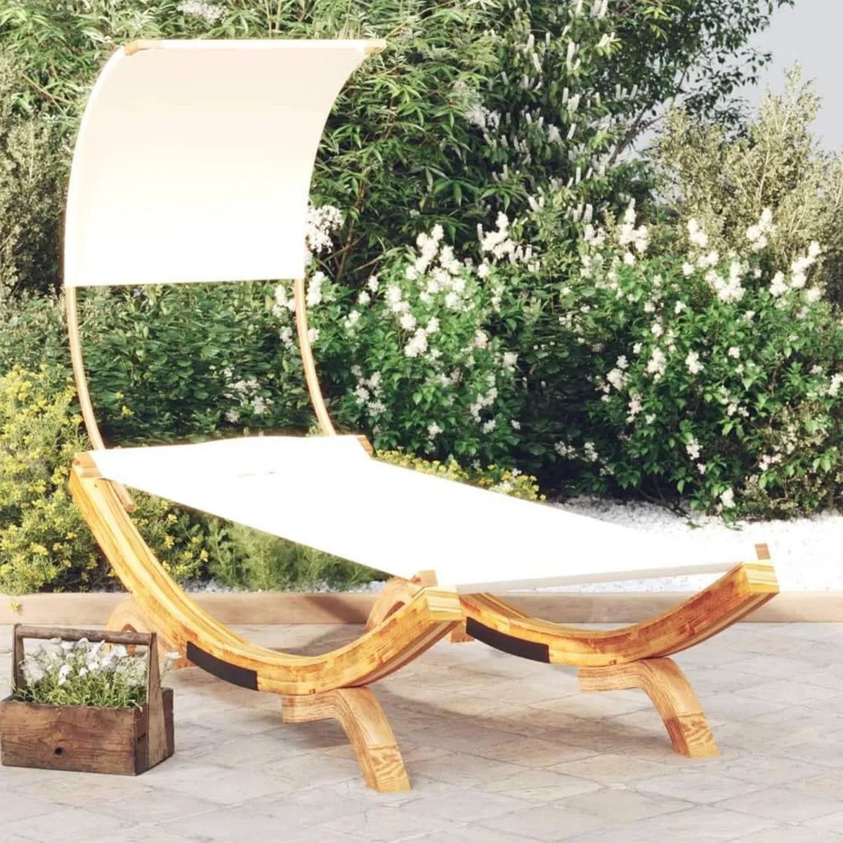 Lit de Jardin avec Auvent en Bois Courbé Crème, Chaise Longue pour Terrasse Patio 100x200x126 cm