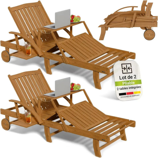 Transats en bois d'acacia naturel avec table et repose-jambes réglables, dossier pliable et roulettes
