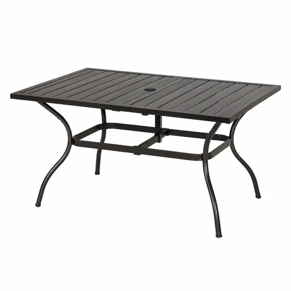 Table de jardin rectangulaire 150 cm x 90 cm x 72 cm en acier thermolaqué noir avec trou central pour parasol