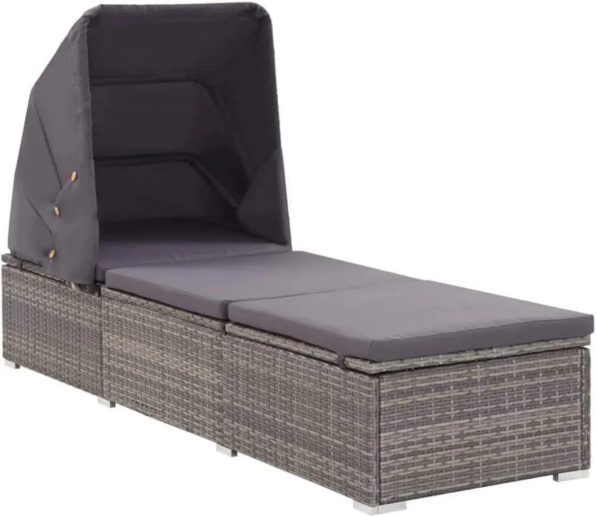Chaise longue en rotin synthétique gris avec auvent et coussin pour jardin et plage