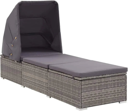 Chaise longue en rotin synthétique gris avec auvent et coussin pour jardin et plage
