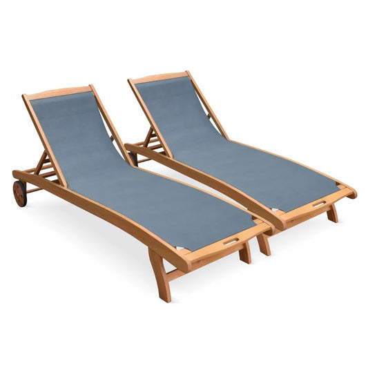 Chaises Longues en Bois d'Eucalyptus - Lot de 2 Transats Gris Anthracite