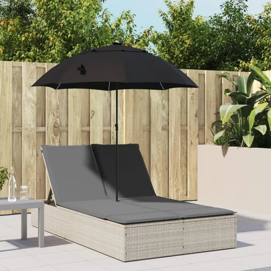 Transat Double en Rotin avec Coussin et Parasol Gris Clair, Capacité 25kg