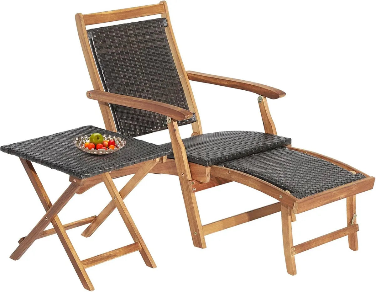 Transat en Bois d'Acacia Pliable avec Table d'Appoint et Accoudoirs en Rotin, Chaise Longue Extensible pour Jardin, Charge Maximale 160 kg