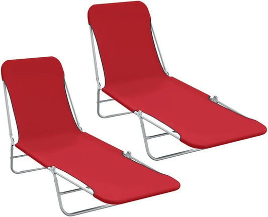 Chaises Longues Pliables en Tissu Rouge - Ensemble de 2 pour Jardin et Plage