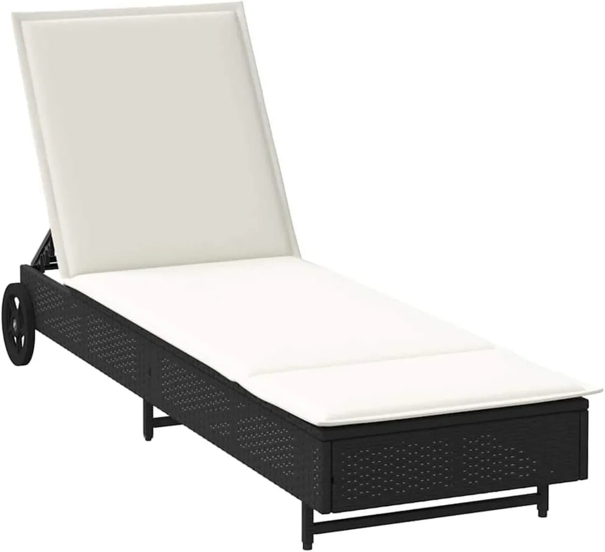 Chaise Longue de Jardin en Résine Tressée Noire avec Coussin et Roues pour Piscine