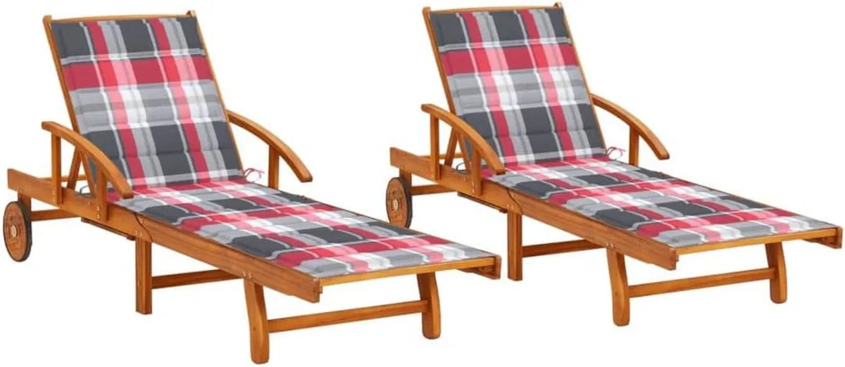 Lot de 2 Chaises Longues en Acacia avec Coussins Rouges, Pliables et à Roues pour Jardin et Piscine