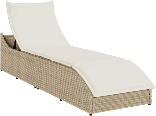 Transat Réglable en Résine Tressée Beige avec Coussin Amovible, Dossier 3 Positions et Rangement Intégré, Charge Max 110 kg pour Jardin