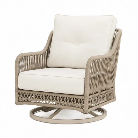 Fauteuil de jardin pivotant en corde tressée beige avec coussins crème et base circulaire aluminium 80 x 78 x 84 cm