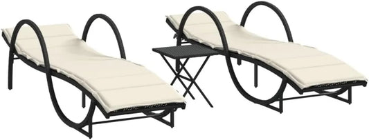 Lot de 2 Chaises Longues en Résine Tressée avec Table Basse et Coussins, Transats Réglables pour Jardin et Terrasse