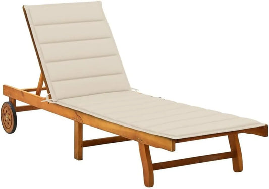 Transat de Jardin Réglable en Bois avec Coussin Beige et Roues - 200x59x30 cm