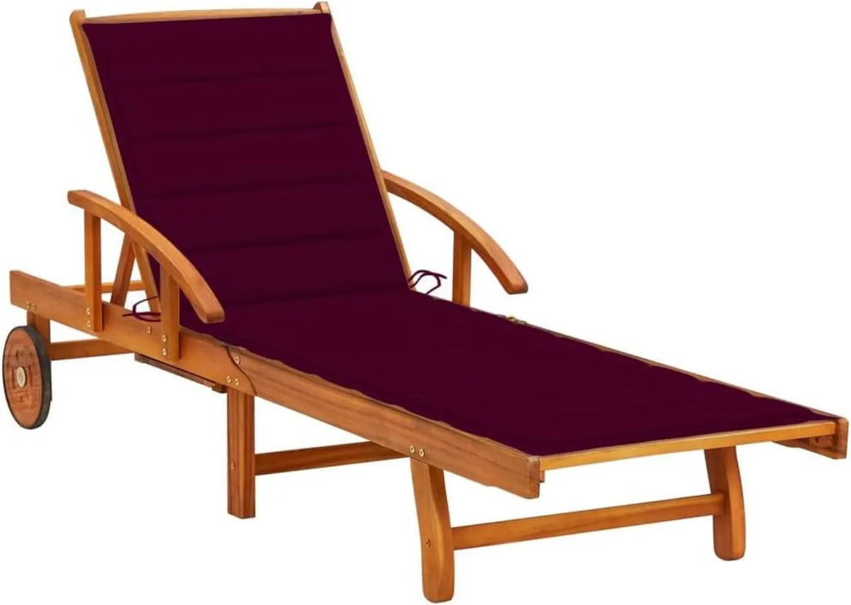 Transat de Jardin Réglable avec Coussin Bordeaux et Table Intégrée en Bois d'Acacia