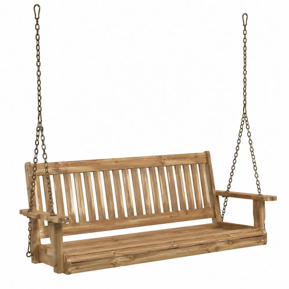 Banc balançoire suspendu de jardin 3 places 150 x 62 x 64 cm en bois de pin massif et chaînes acier couleur bois naturel
