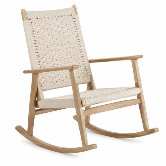 Chaise à bascule de jardin avec accoudoirs 75 x 95 x 98 cm en bois d’acacia corde polyester écru