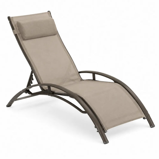 Transat de jardin réglable 195 x 63 x 95 cm en aluminium gris et textilène gris avec appui-tête amovible