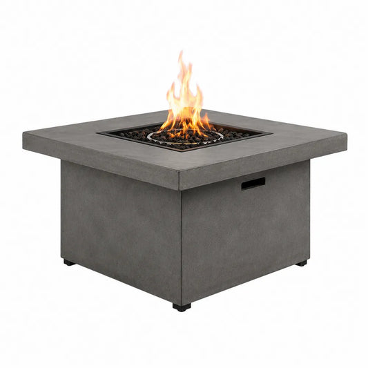 Table brasero extérieure carrée 90 cm x 90 cm x 63 cm en composite ciment gris anthracite avec brûleur gaz et pare-vent en verre trempé