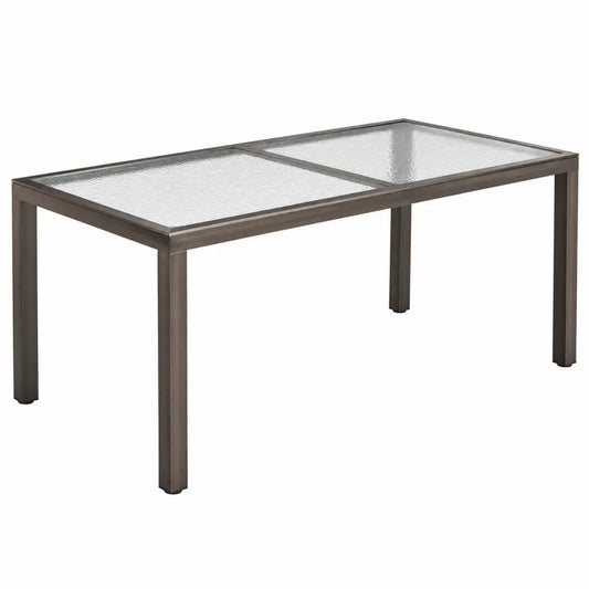 Table de jardin rectangulaire 150 cm x 90 cm x 74 cm en acier brun bronze avec plateau en verre trempé transparent
