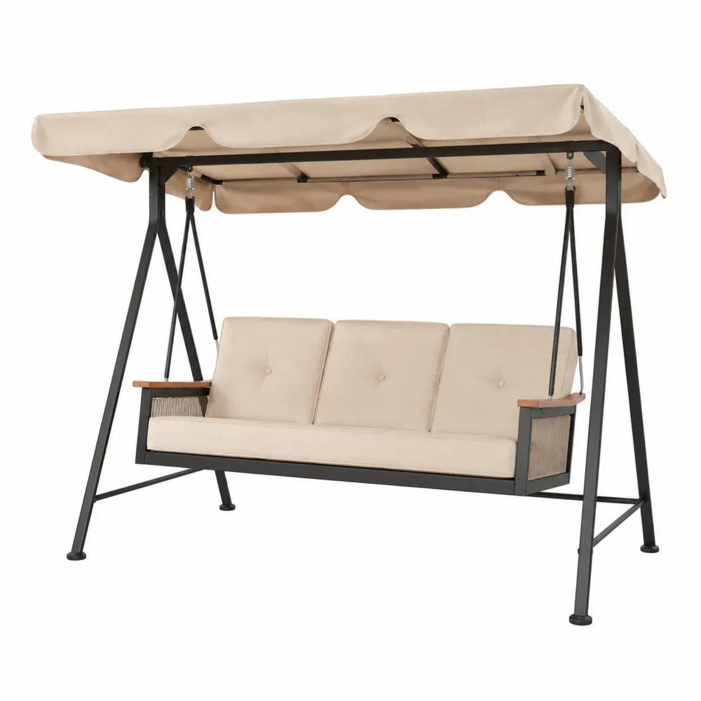 Balancelle de jardin 3 places avec auvent 200 x 120 x 170 cm en acier noir bois naturel et coussins polyester beige