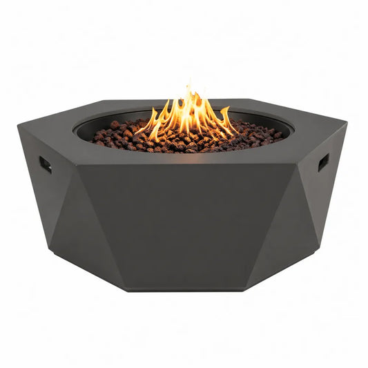Table brasero extérieure hexagonale 86 cm x 86 cm x 48 cm en acier thermolaqué gris anthracite avec brûleur gaz et pierres de lave
