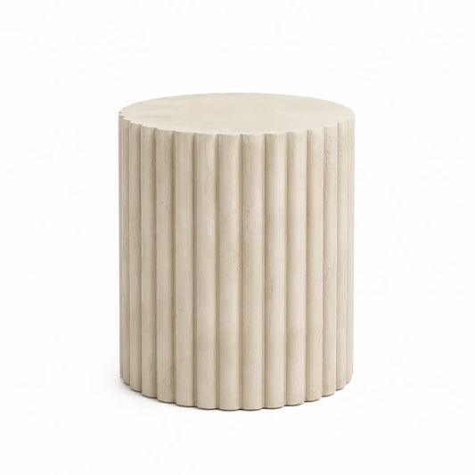 Table d’appoint extérieure ronde 45 cm x 45 cm x 50 cm en composite ciment beige crème à relief cannelé