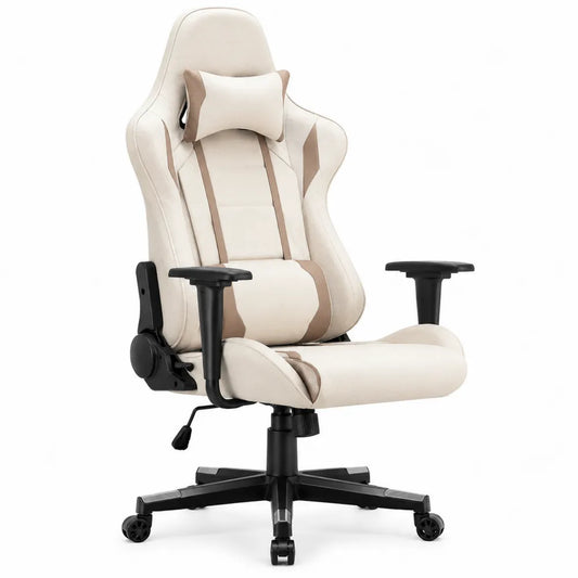 Fauteuil gaming de bureau pivotant 70 cm x 70 cm x 125-135 cm en PU beige et marron avec base en nylon noir