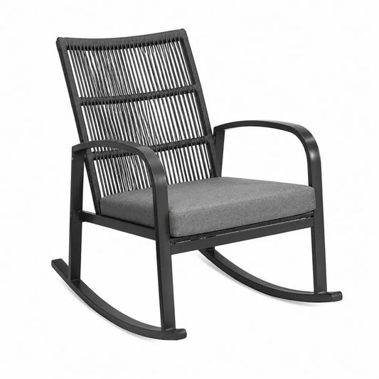 Fauteuil à bascule de jardin en acier noir corde polyester et coussin gris dimensions non précisées