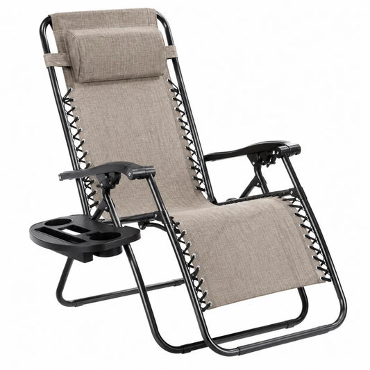 Chaise longue inclinable pliable en acier peint noir textilène polyester beige 170 cm x 68 cm x 112 cm avec plateau porte-gobelet