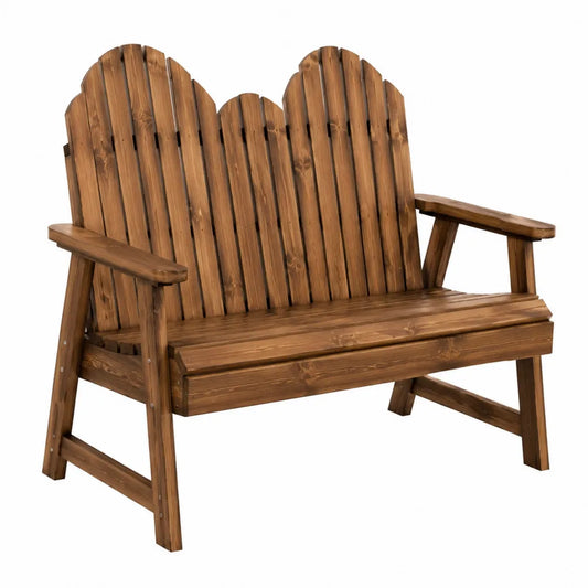 Banc de jardin 2 places en bois massif brun à dossier haut à lattes 120 cm x 60 cm x 85 cm avec accoudoirs