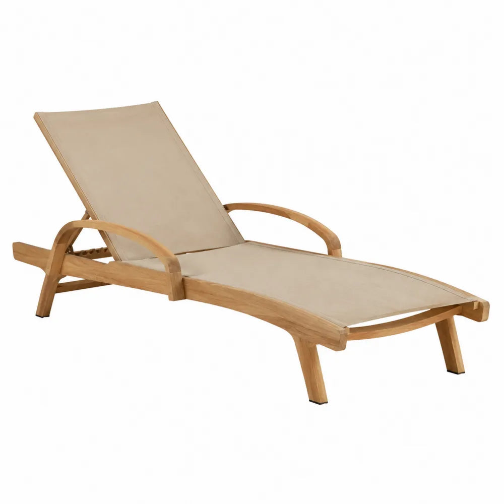 Bain de soleil de jardin réglable avec accoudoirs en acacia massif textilène beige naturel 195 cm x 65 cm x 92 cm